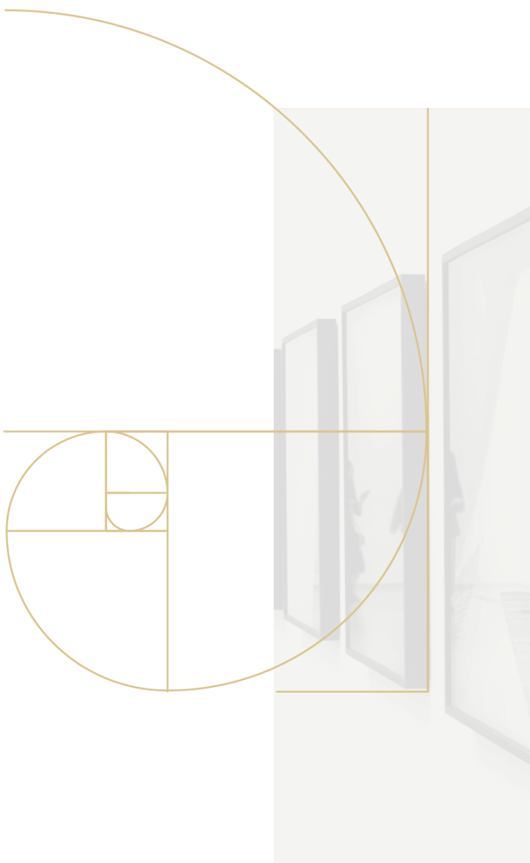 Künstlerisches Symbol und Fenster Optik Ein elegantes Phi Symbol beziehungsweise Spirale, die in eine Aordnung von drei den Raum öffnenden Fenstern übergeht.